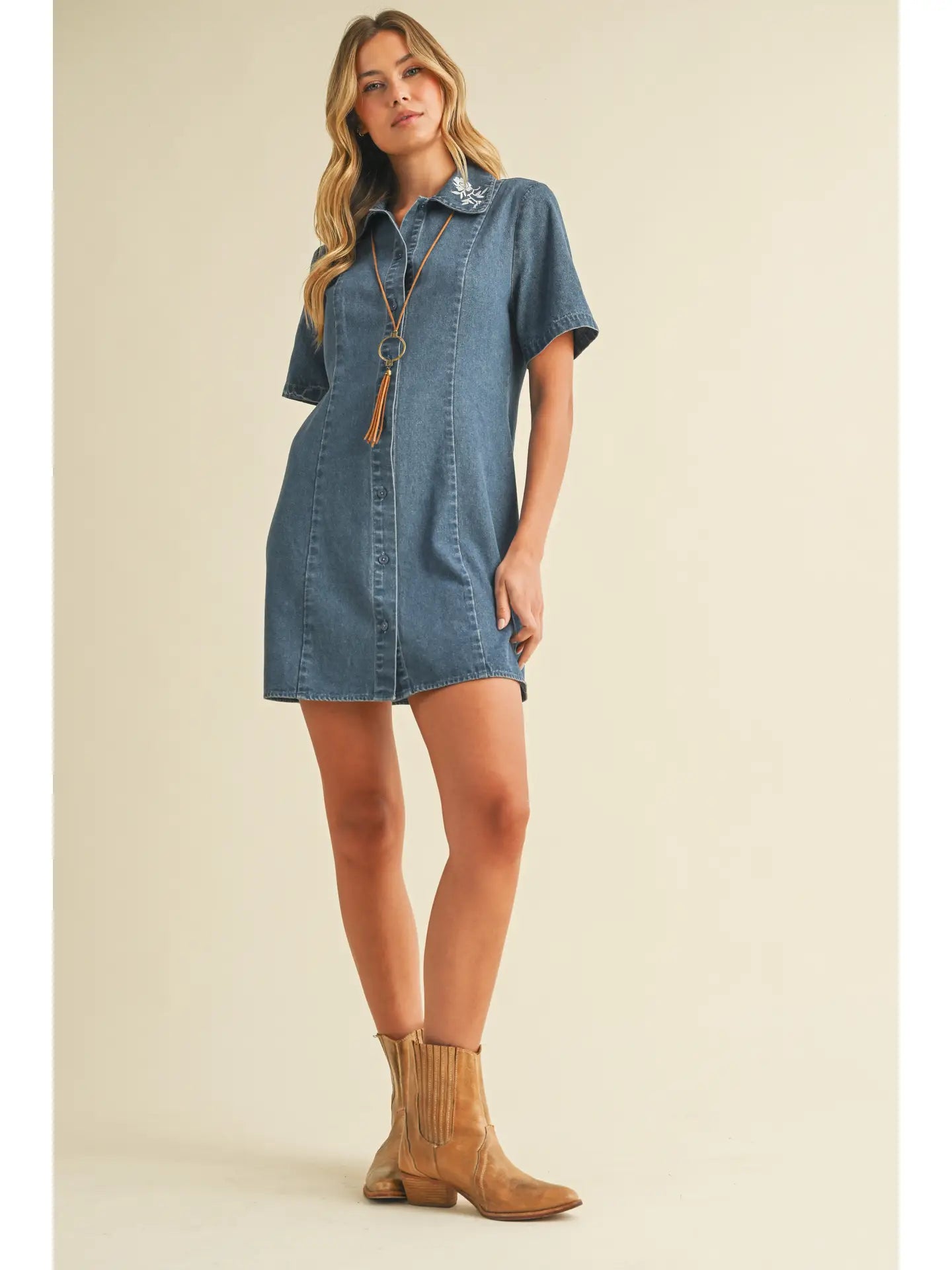 THE EVIE FLORAL EMBRODIERED DENIM DRESS