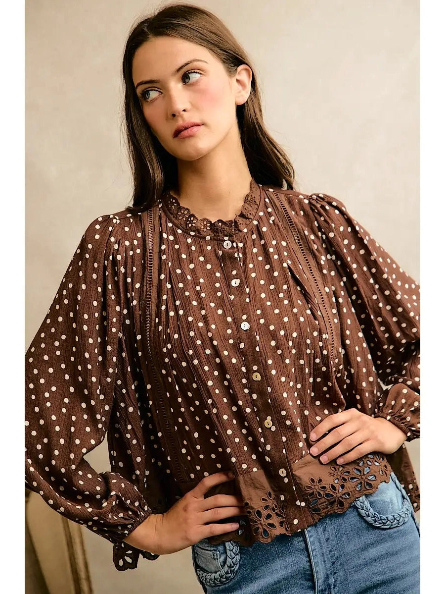 THE SHERRIE POLKA DOT LACE TRIM BLOUSE - brown