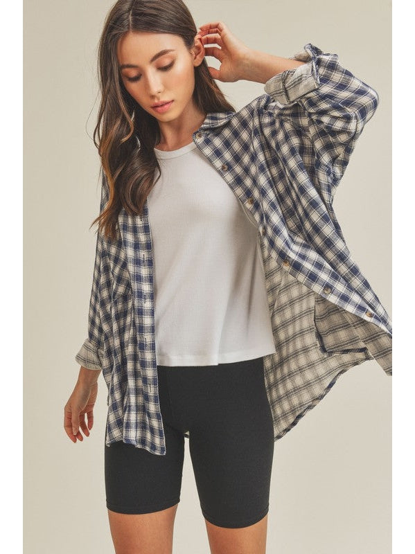 THE HEIDY COTTON PLAID BUTTON DOWN - navy