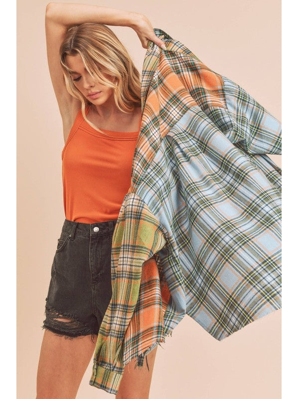 THE NOELLE PATCHWORK PLAID BUTTON DOWN SHIRT - orange/sky