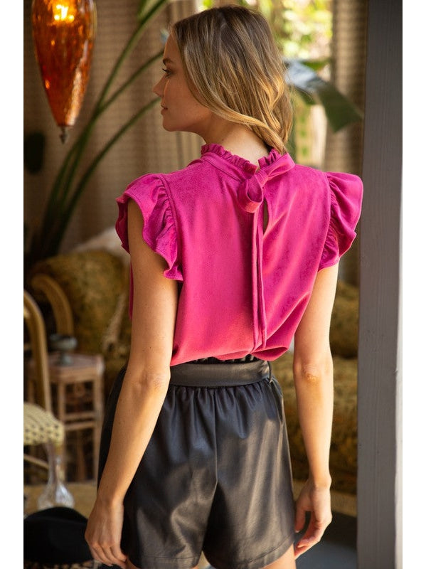 THE DAPHNE FAUX SUEDE RUFFLE SLEEVE TOPS - magenta
