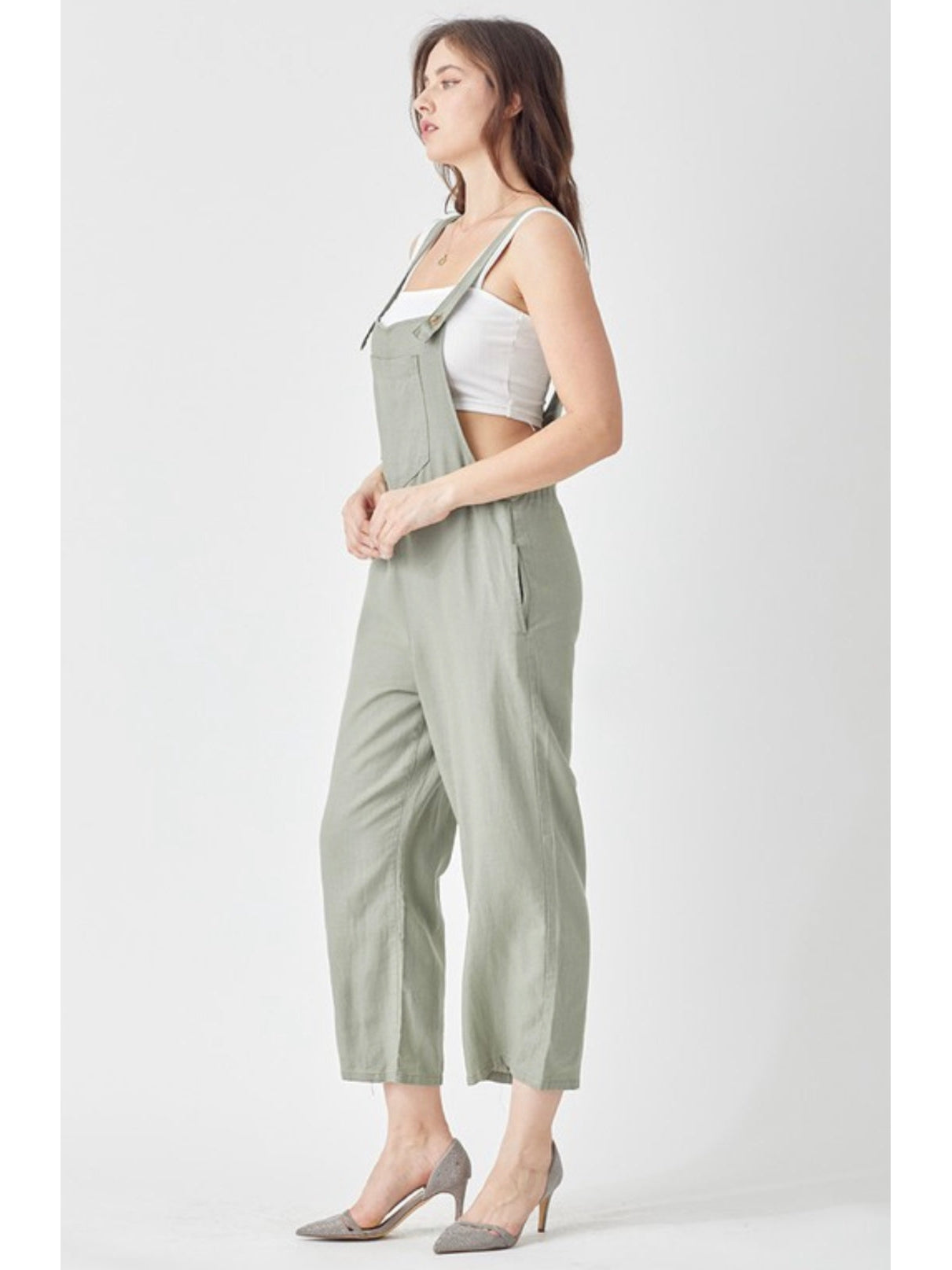 THE STEPH WIDE LEG CROP OVERALLS - sage
