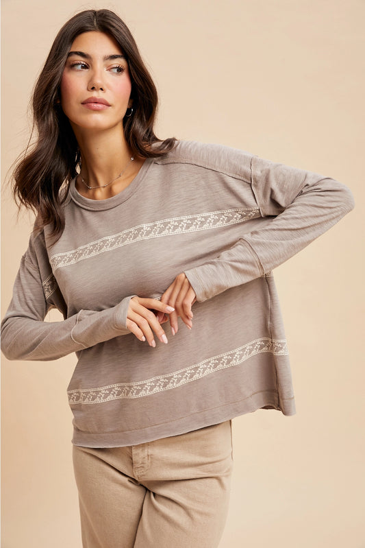 THE KACEE EMBROIDERED STRIPED TOP - stone taupe