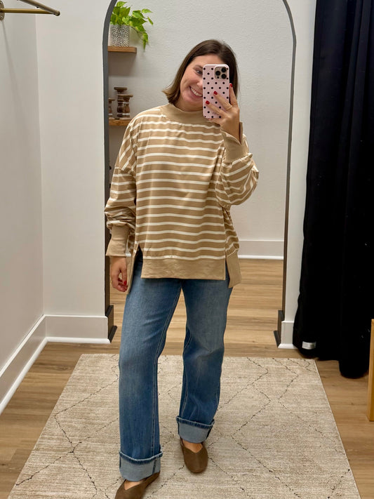 THE NICOLE STRIPED HI LO MOCKNECK SWEATSHIRT - taupe/cream