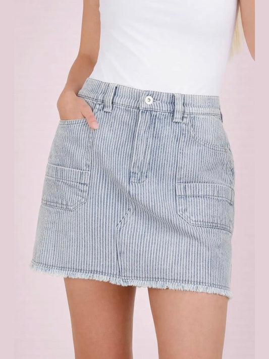 THE PARKER PINSTRIPED DENIM SKIRT - med. indigo