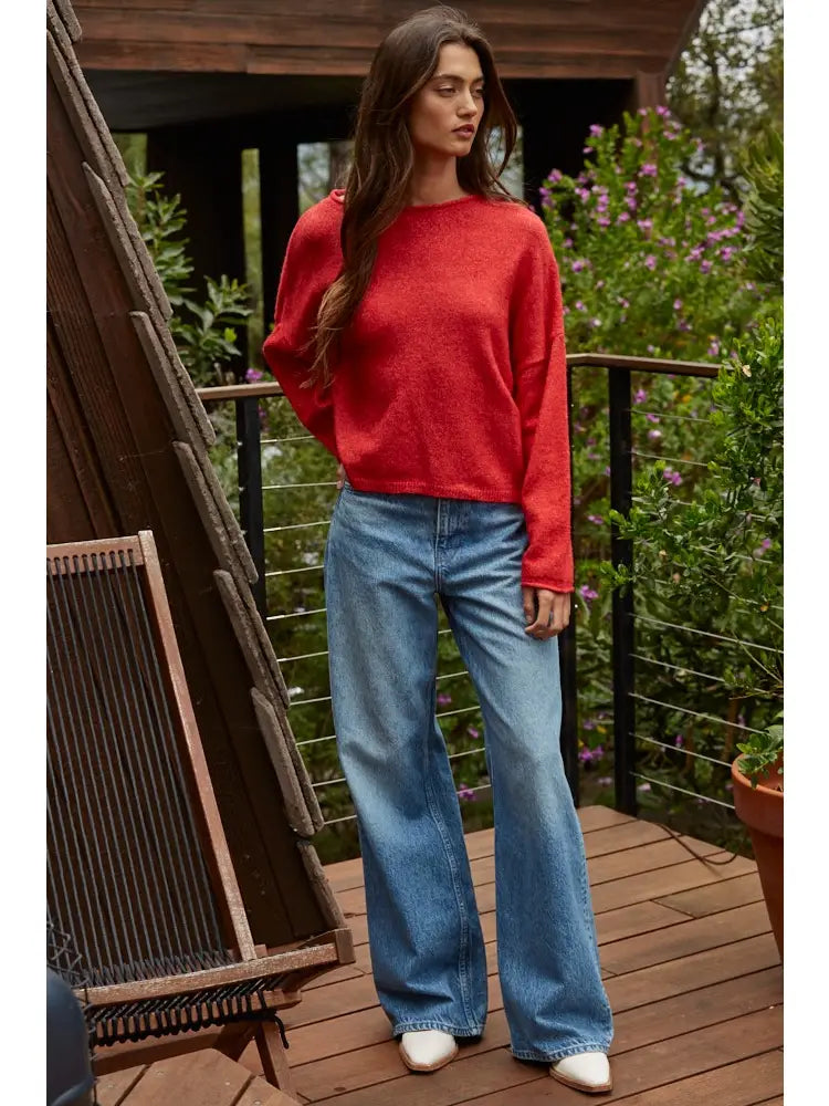 THE STACEY ROLLED SLEEVE BASIC CHRISTMAS SWEATER -  red