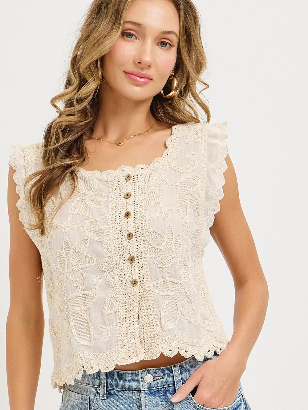 THE NOLA COTTON GAUZE FLORAL EMBROIDERED TOP - ivory
