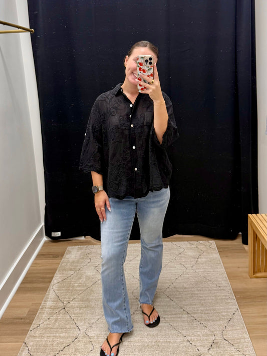 THE ADORA BOHO EMBROIDERED BUTTON DOWN - black