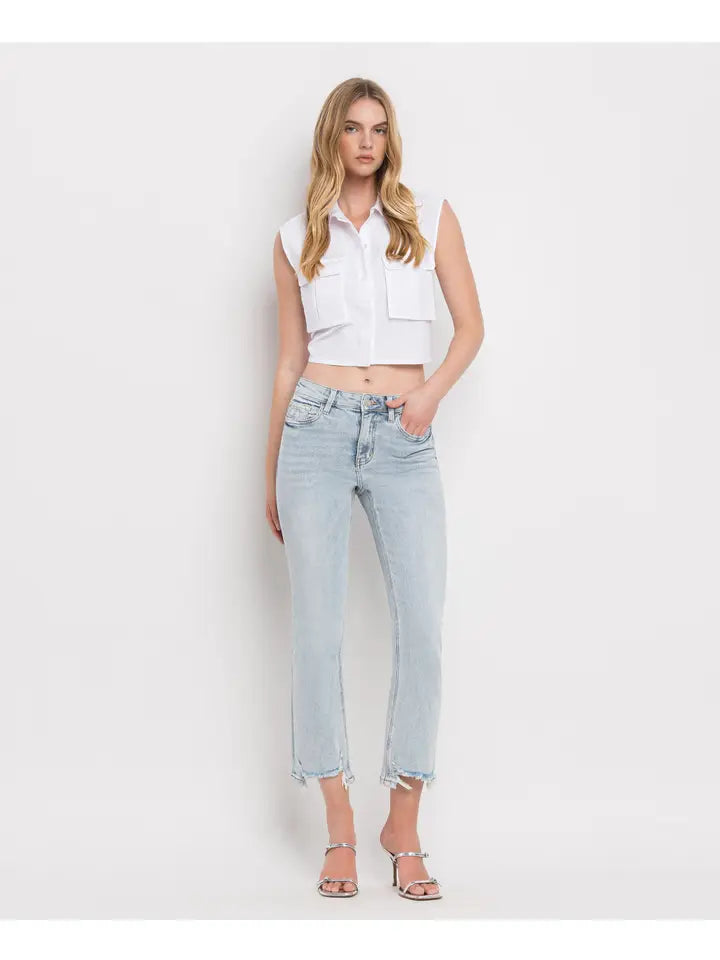 THE AMINTY ANKLE KICK FLARE DISTRESSED DENIM