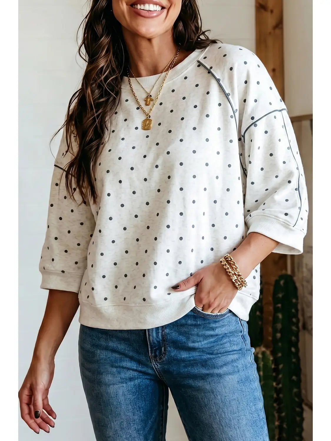 THE BRIDGET POLKA DOT ROUND NECK TOP - grey