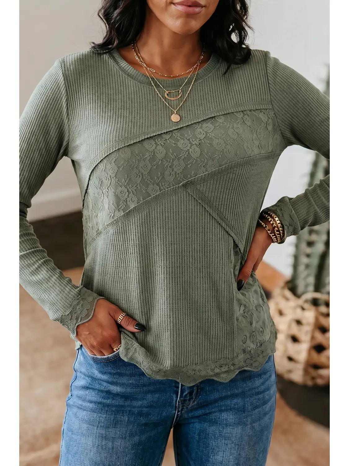 THE WENDY WAFFLE RIBBED LACE PATCH TOP - sage
