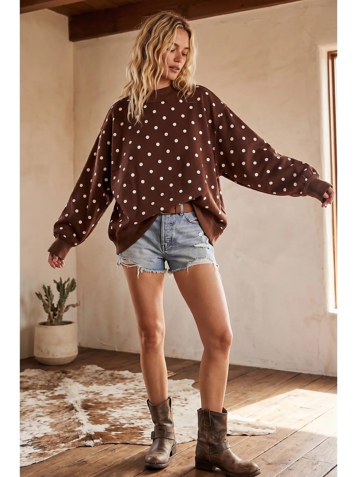 THE NIKKI OVERSIZED POLKA DOT SCUBA PULLOVER - brown/white