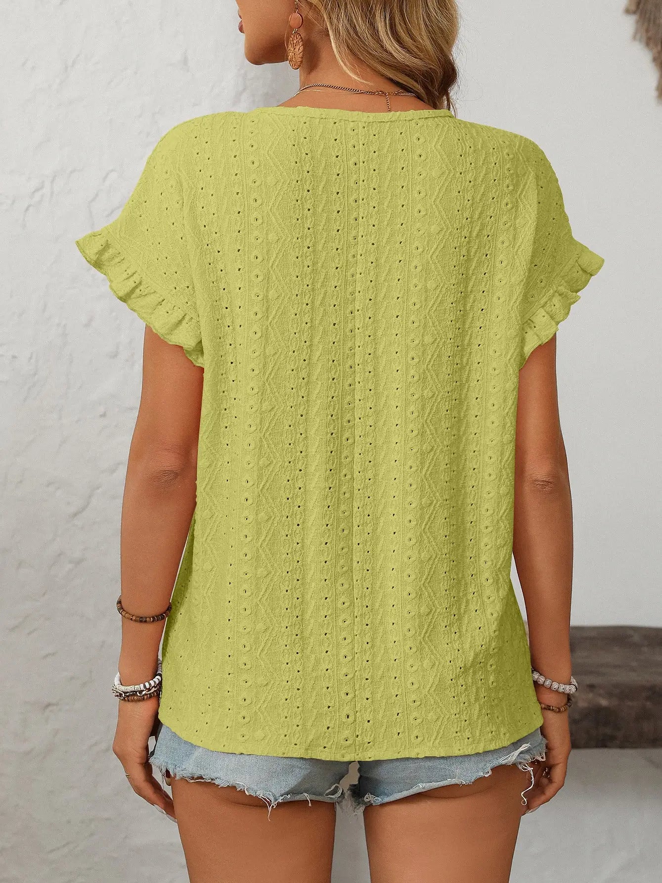 THE NANCY EYELET FLUTTER SLEEVE TOP - green