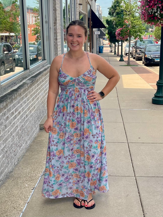 THE ELLA CRISS CROSS BACK PLEATING DRESS - blue floral