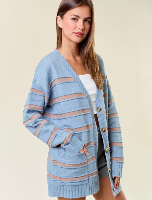 THE RACHEL BUTTON FRONT MIDI CARDIGAN - dusty blue
