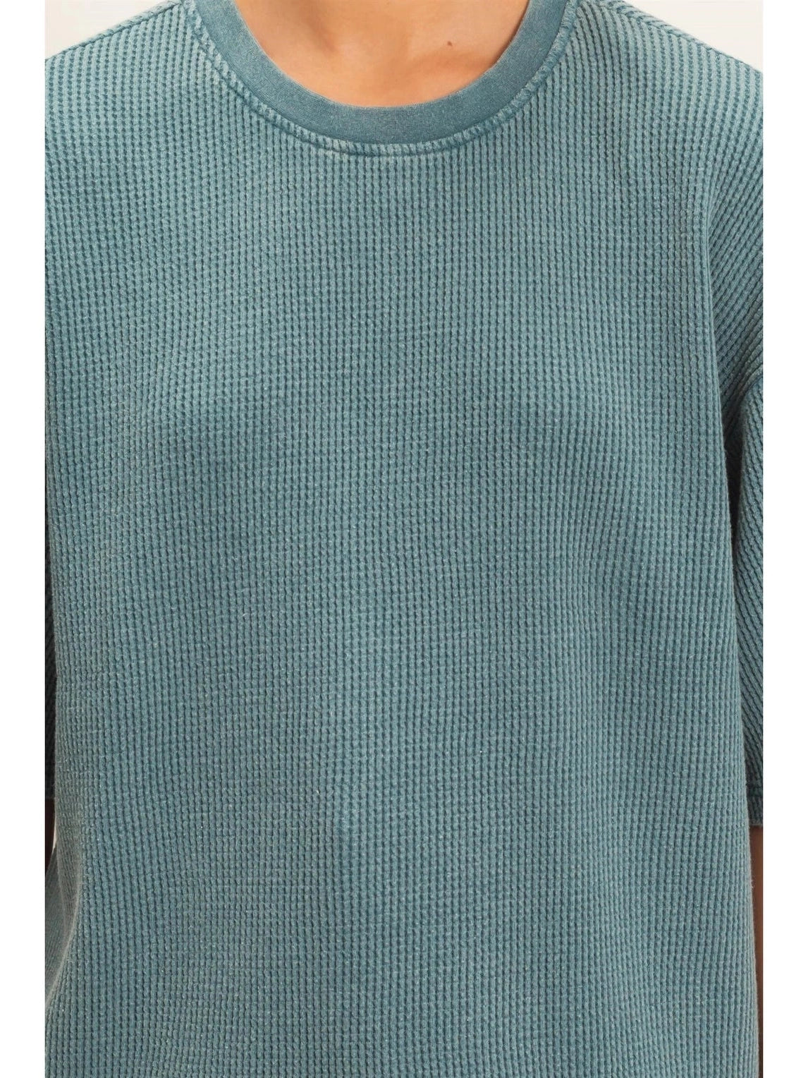 THE LINDSEY MINERAL WASH WAFFLE CREW TOP - dark teal