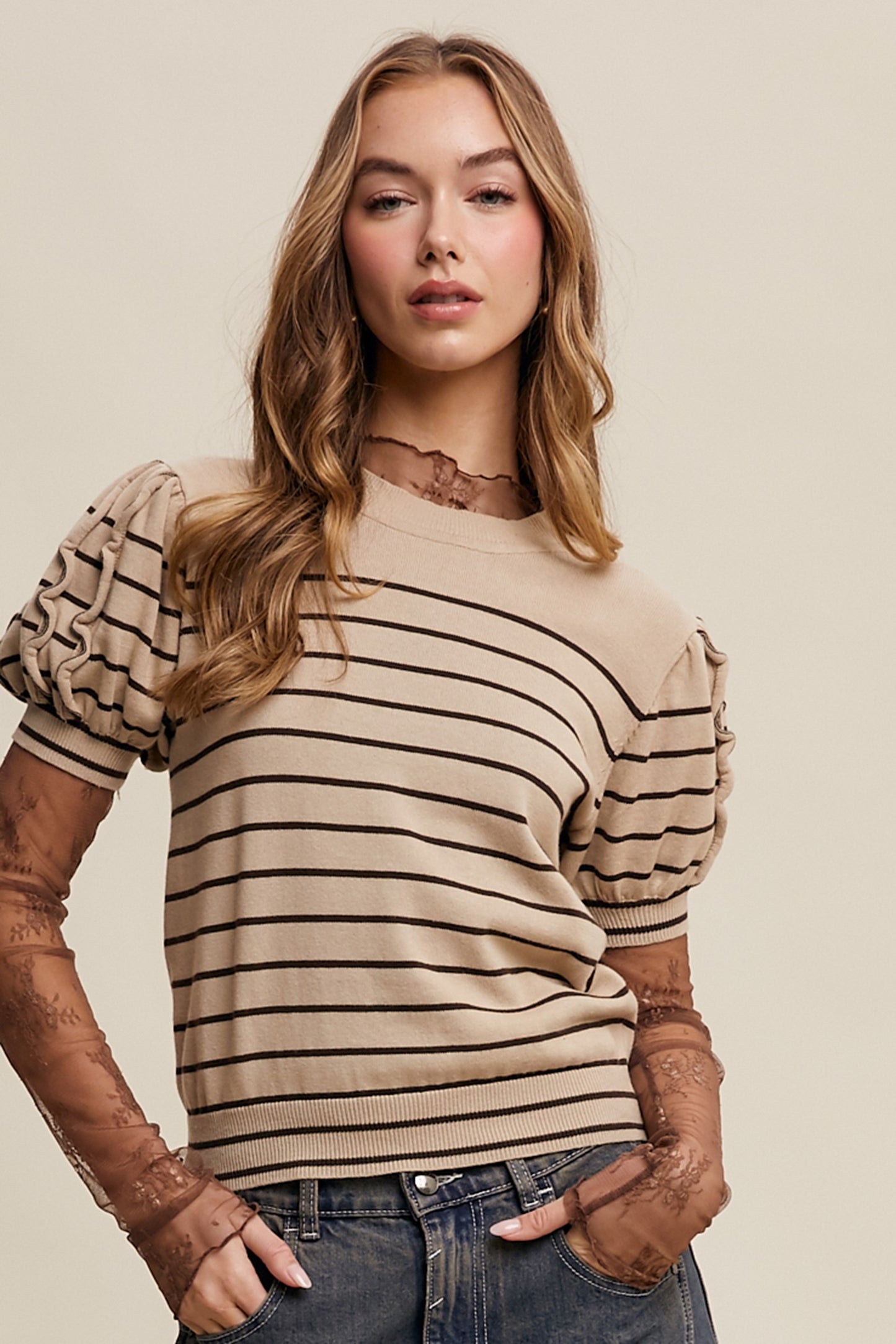 THE GRETA STRIPED SWEATER TOP - tan