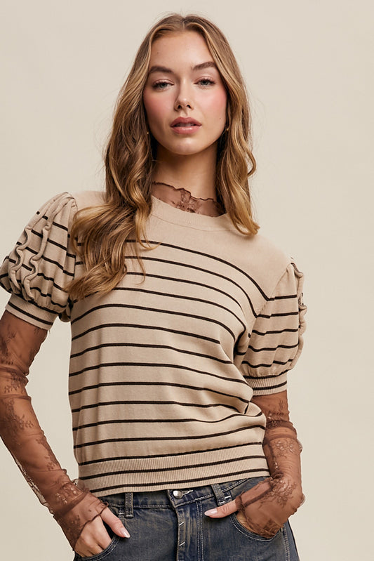 THE GRETA STRIPED SWEATER TOP - tan