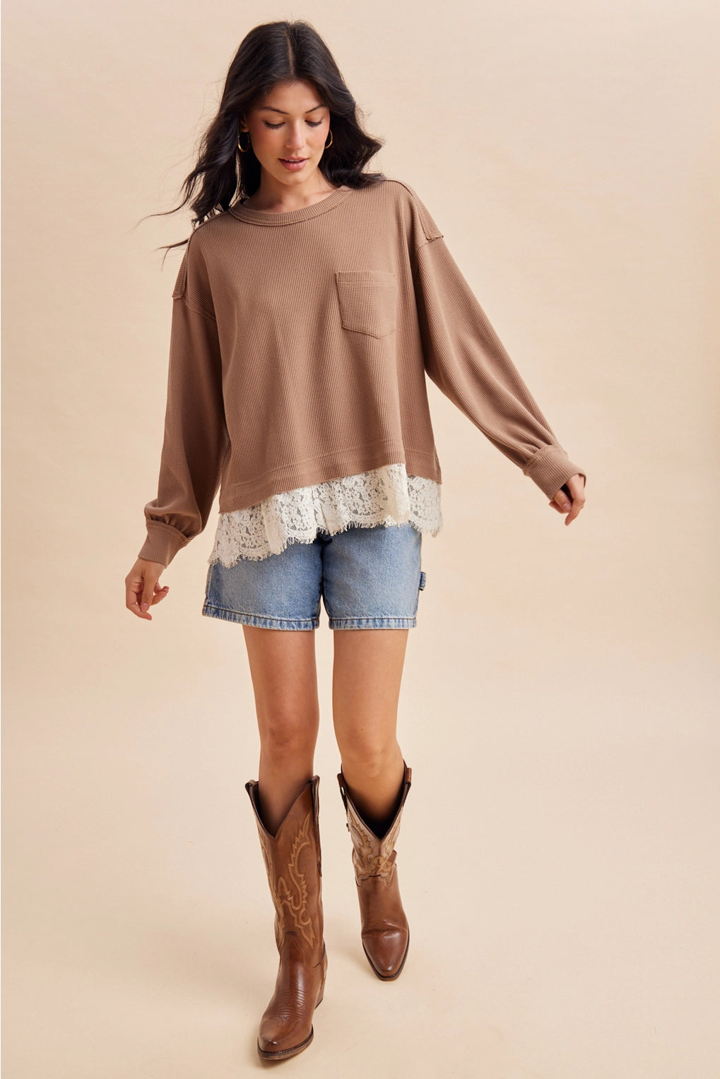 THE ELLA LACE TRIM THERMAL WAFFLE TOP - dark taupe