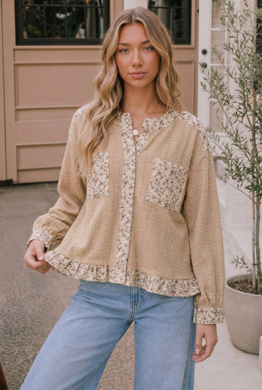 THE NYLA FLORAL WAFFLE KNIT TOP - taupe