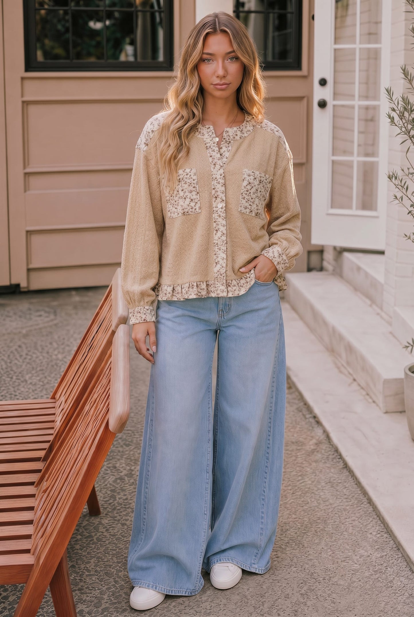 THE NYLA FLORAL WAFFLE KNIT TOP - taupe