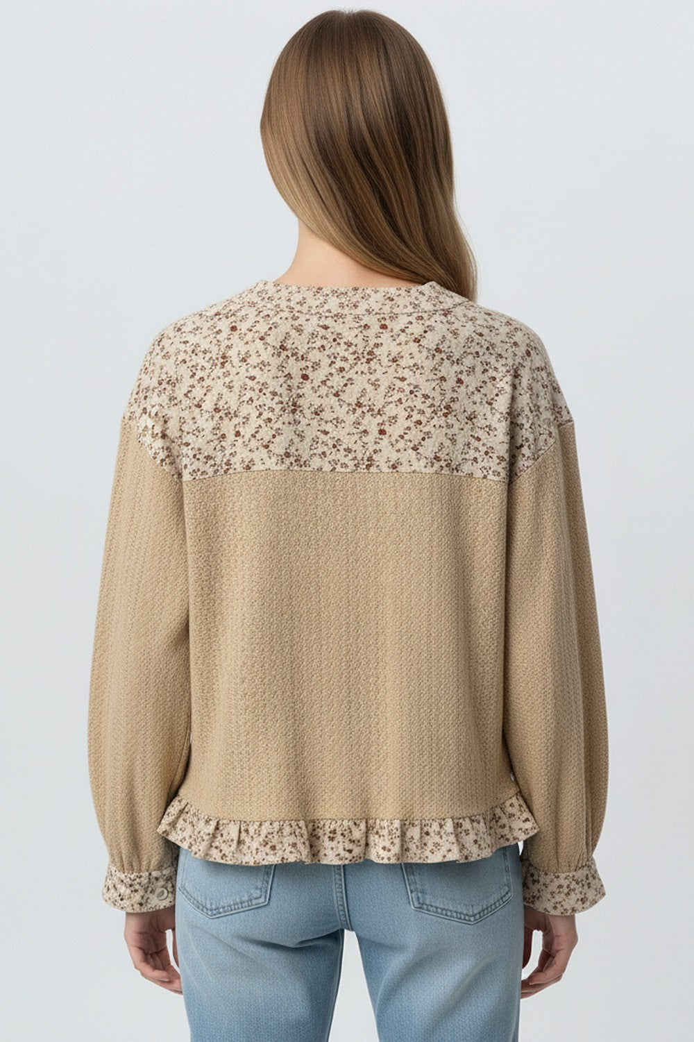 THE NYLA FLORAL WAFFLE KNIT TOP - taupe