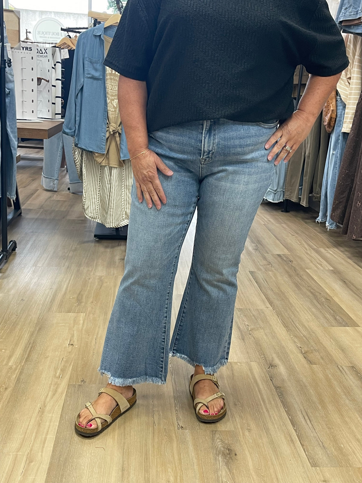 THE BARB HI RISE RAW HEM KICK FLARE DENIM