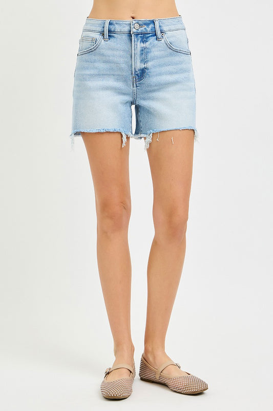 THE NATALIE HI RISE MID LENGTH FRAYED DENIM SHORTS