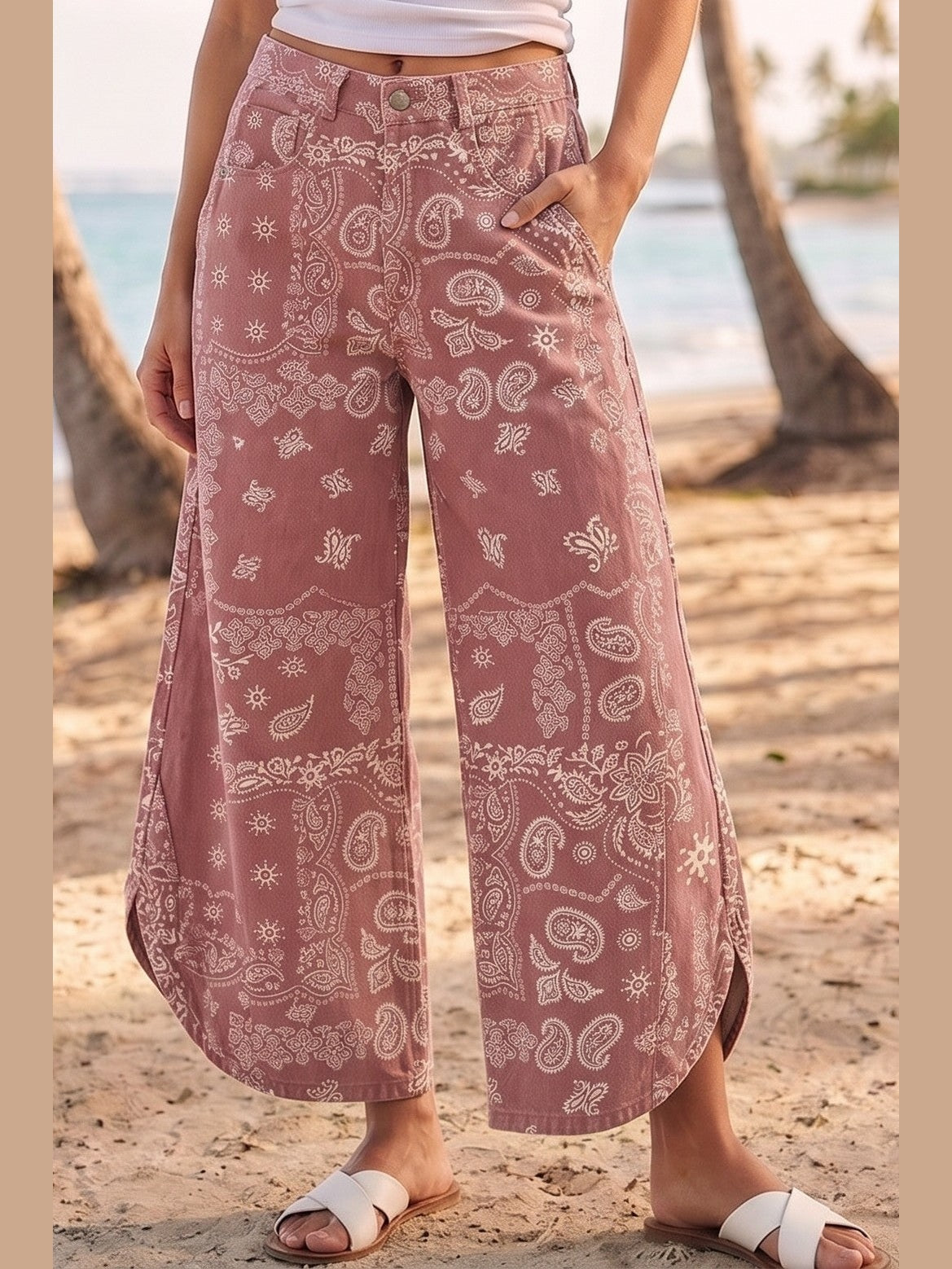 THE HALEY PAISLEY TULIP HEM COTTON PANTS - marsala