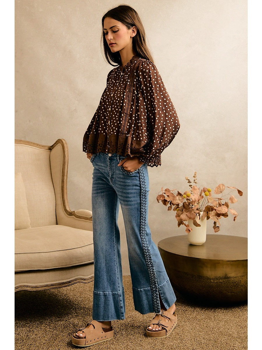 THE SHERRIE POLKA DOT LACE TRIM BLOUSE - brown