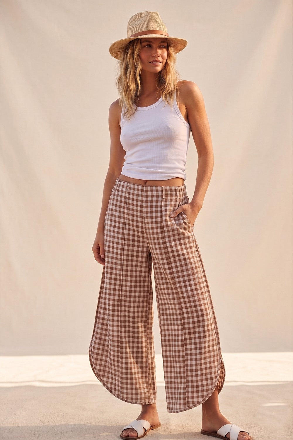 THE CALLAN CHECKERED RELAX POLY TULIP HEM PANT - mocha