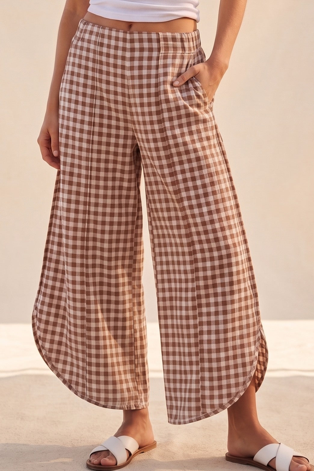 THE CALLAN CHECKERED RELAX POLY TULIP HEM PANT - mocha