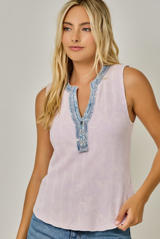 THE JENNY THERMAL WASHED HENLEY TANK - lavender