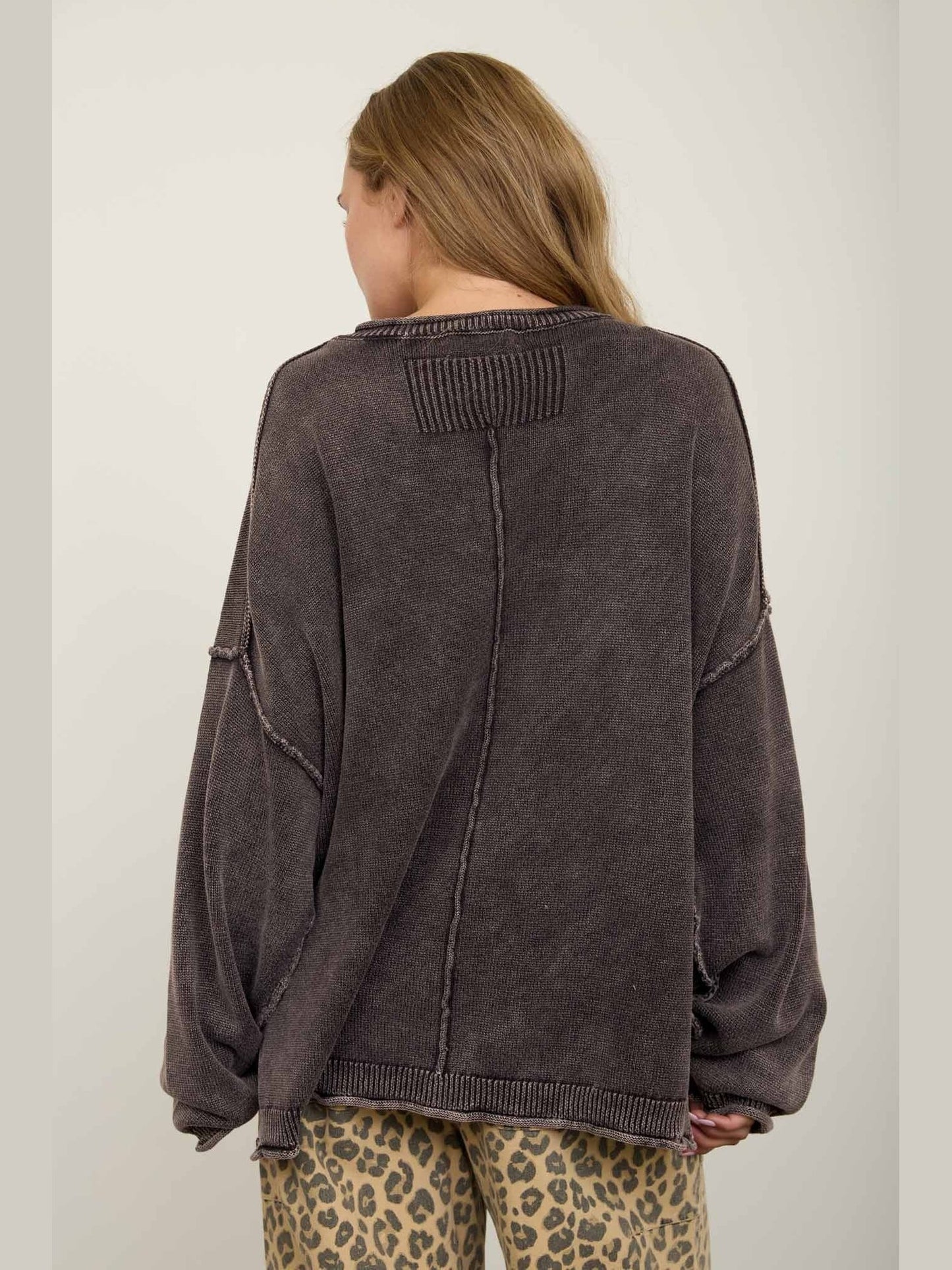 THE BETH WASHED RAW EDGE SWEATER - brown
