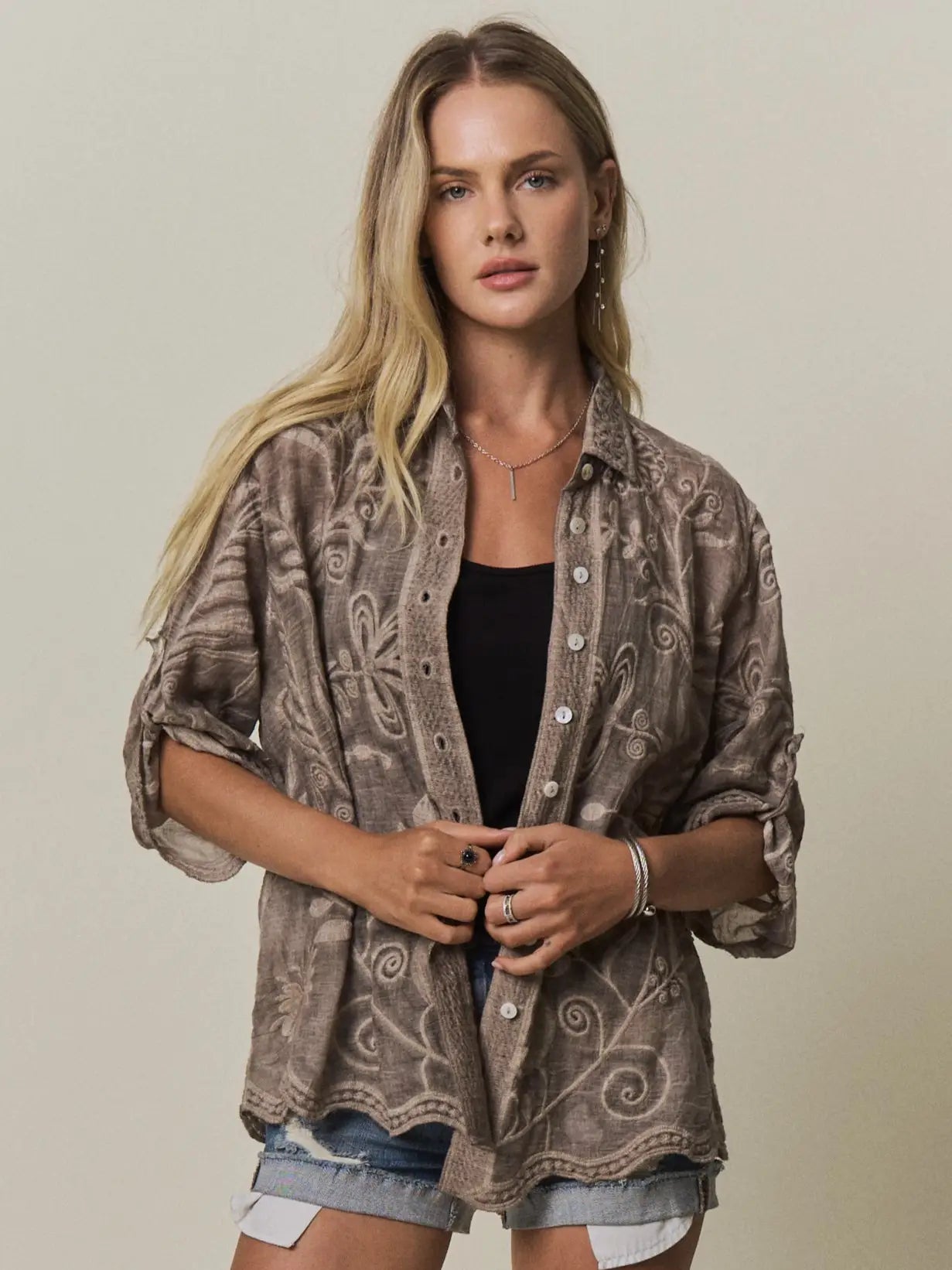 THE ADORA BOHO EMBROIDERED BUTTON DOWN - mocha