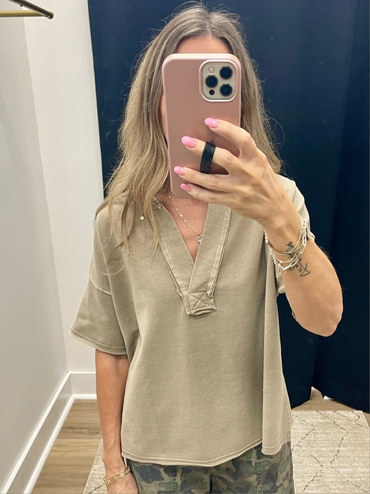 THE CHARLIE SPLIT NECK SHORT SLEEVE TOP - taupe