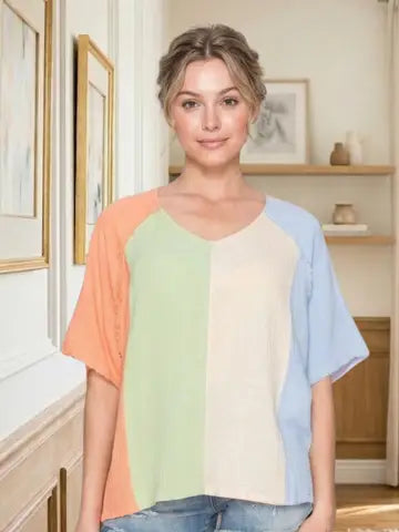 THE NINA DROP SHOULDER WASHED COLORBLOCK TOP - blue combo