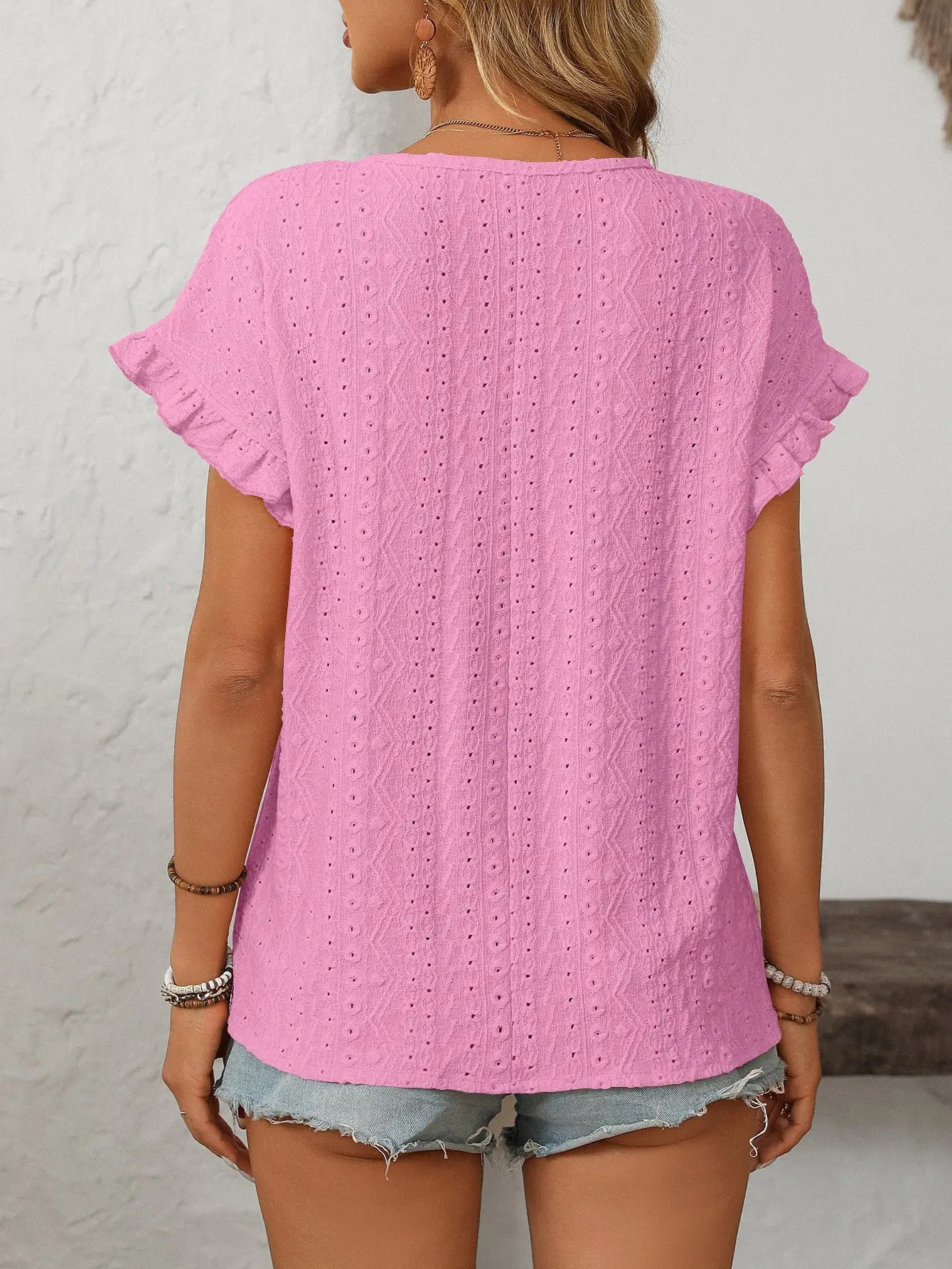 THE NANCY EYELET FLUTTER SLEEVE TOP - pink
