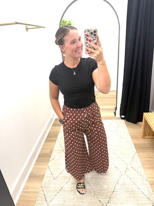 THE HALEY POLKA DOT TULIP HEM COTTON PANTS - brown