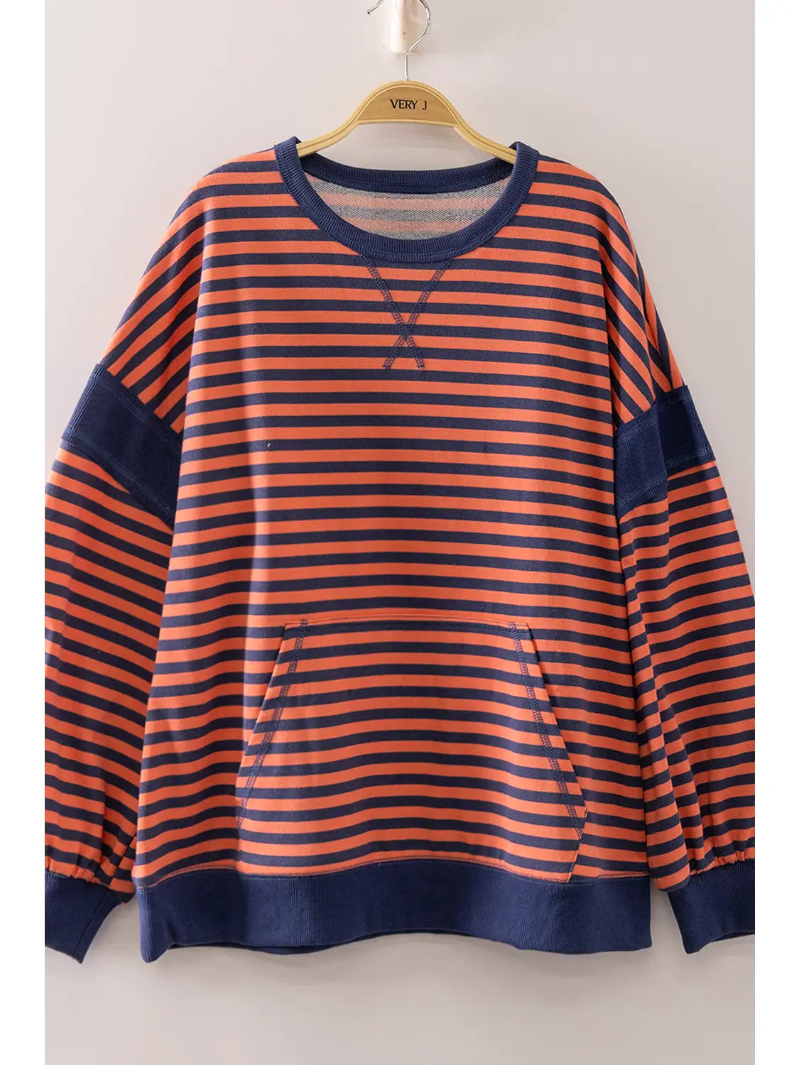 THE GRACE COLORBLOCK KANGAROO POCKET STRIPED TOP - coral/navy