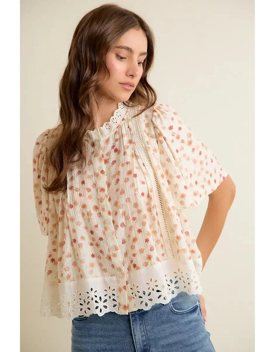 THE SARAH FLORAL LACE TRIM BLOUSE - cream