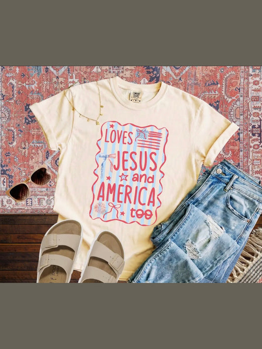 THE LOVES JESUS & AMERICA TOO TEE - ivory