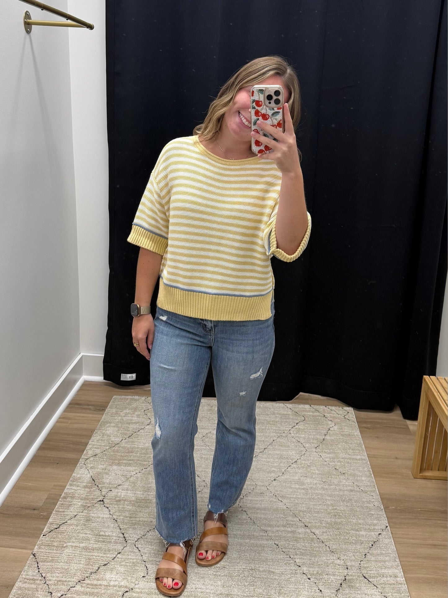 THE JOEY STRIPED RAW EDGE SHORT SLEEVE SWEATER
