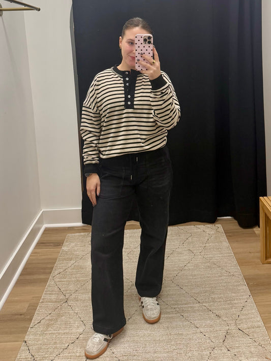 THE CHERYL SOFT KNIT STRIPED HENLEY - black/cream