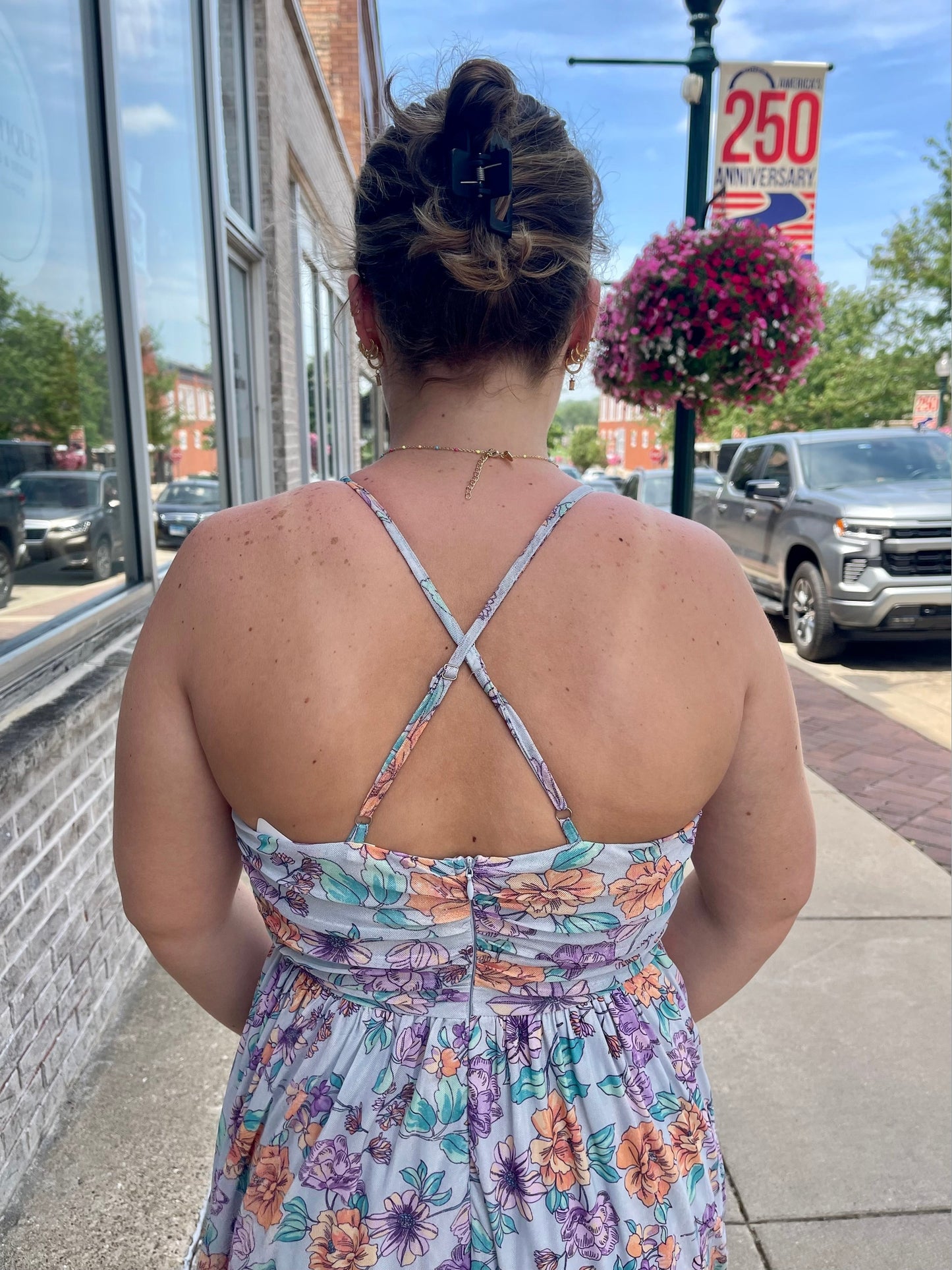 THE ELLA CRISS CROSS BACK PLEATING DRESS - blue floral