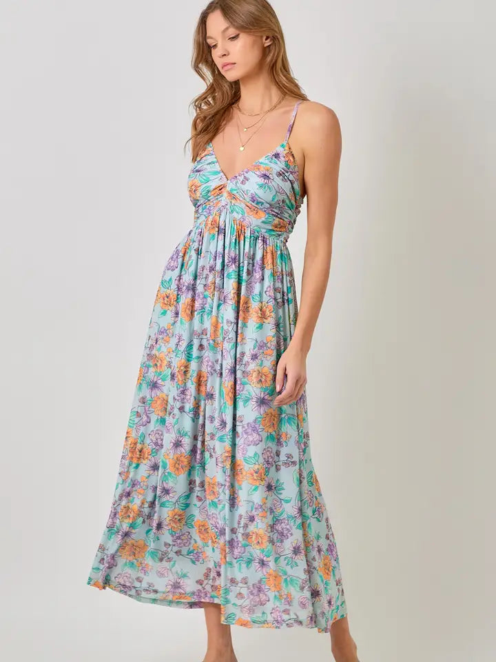 THE ELLA CRISS CROSS BACK PLEATING DRESS - blue floral