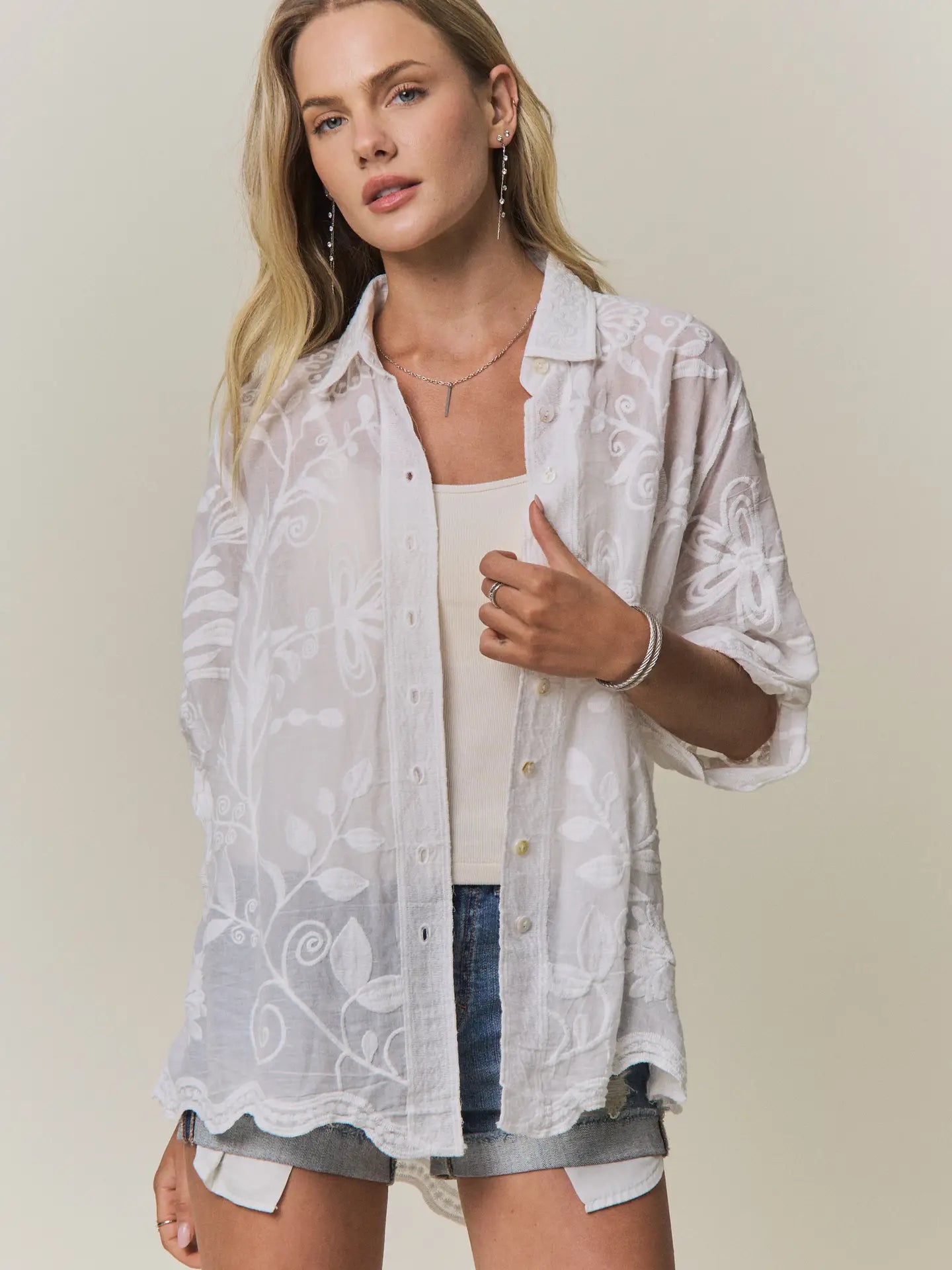 THE ADORA BOHO EMBROIDERED BUTTON DOWN - white