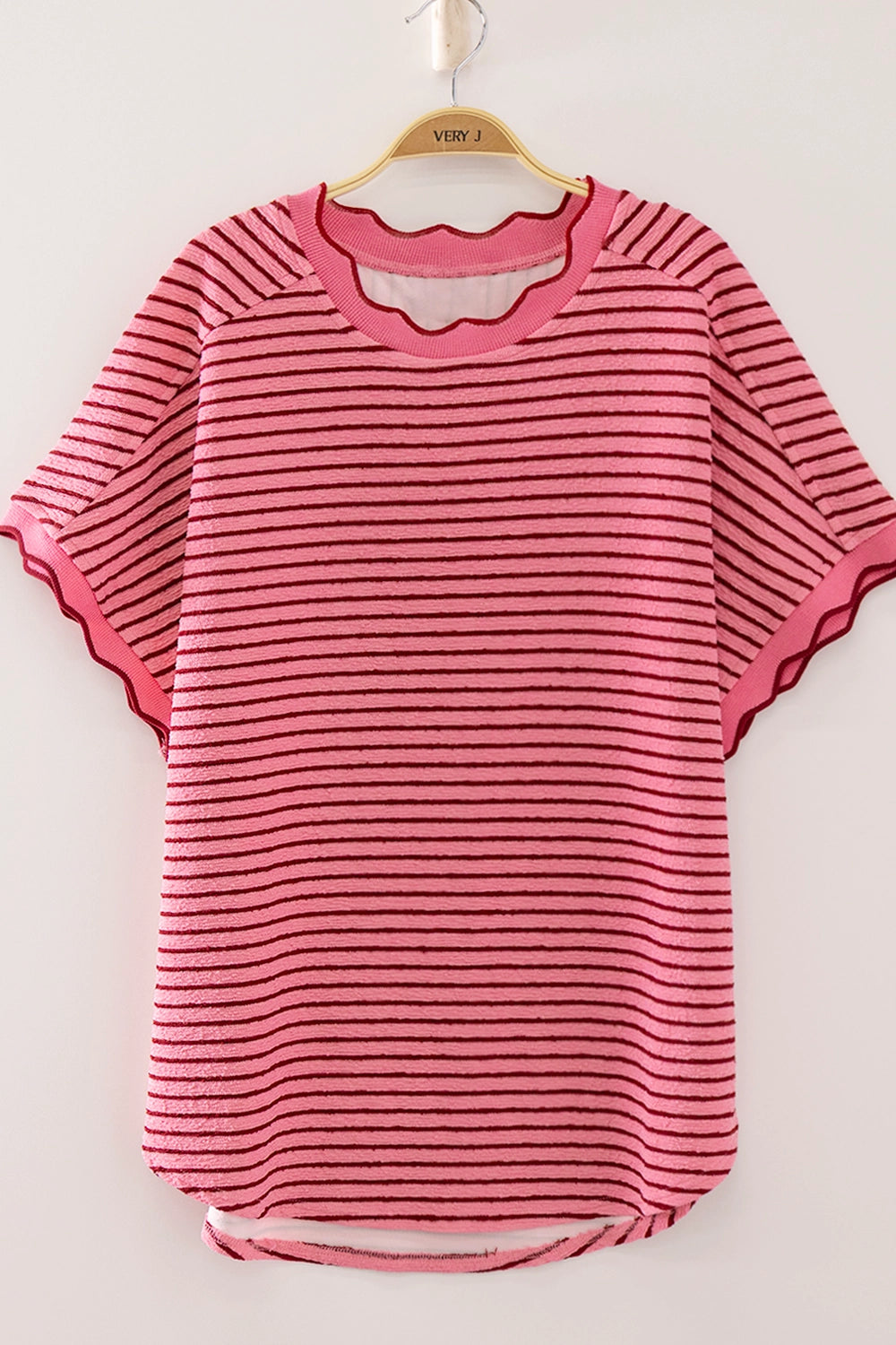THE BRENDA SCALLOP TRIM STRIPE KNIT TOP - pink