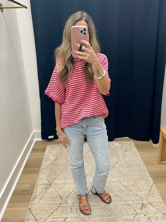THE BRENDA SCALLOP TRIM STRIPE KNIT TOP - pink