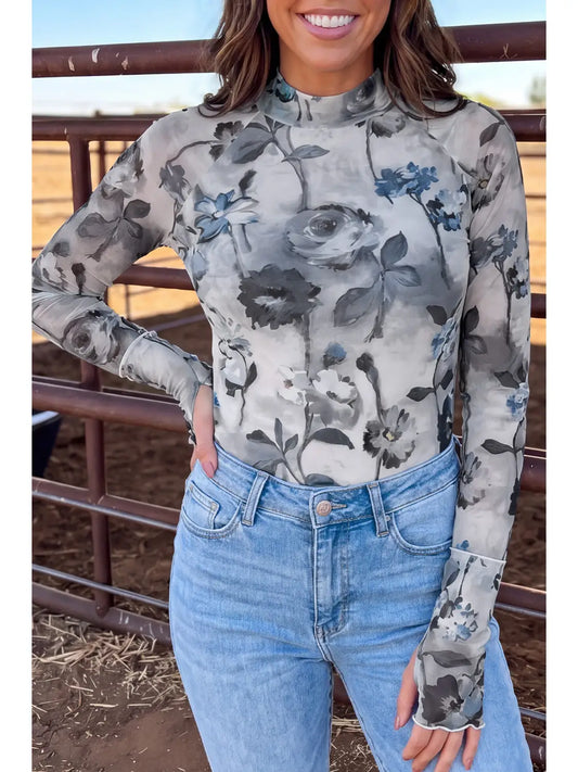 THE CHELSEY FLORAL MESH TOP - blue